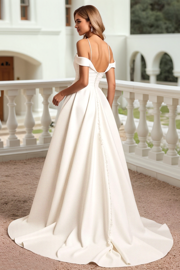 White Cold Shoudler A Line Satin Wedding Dress